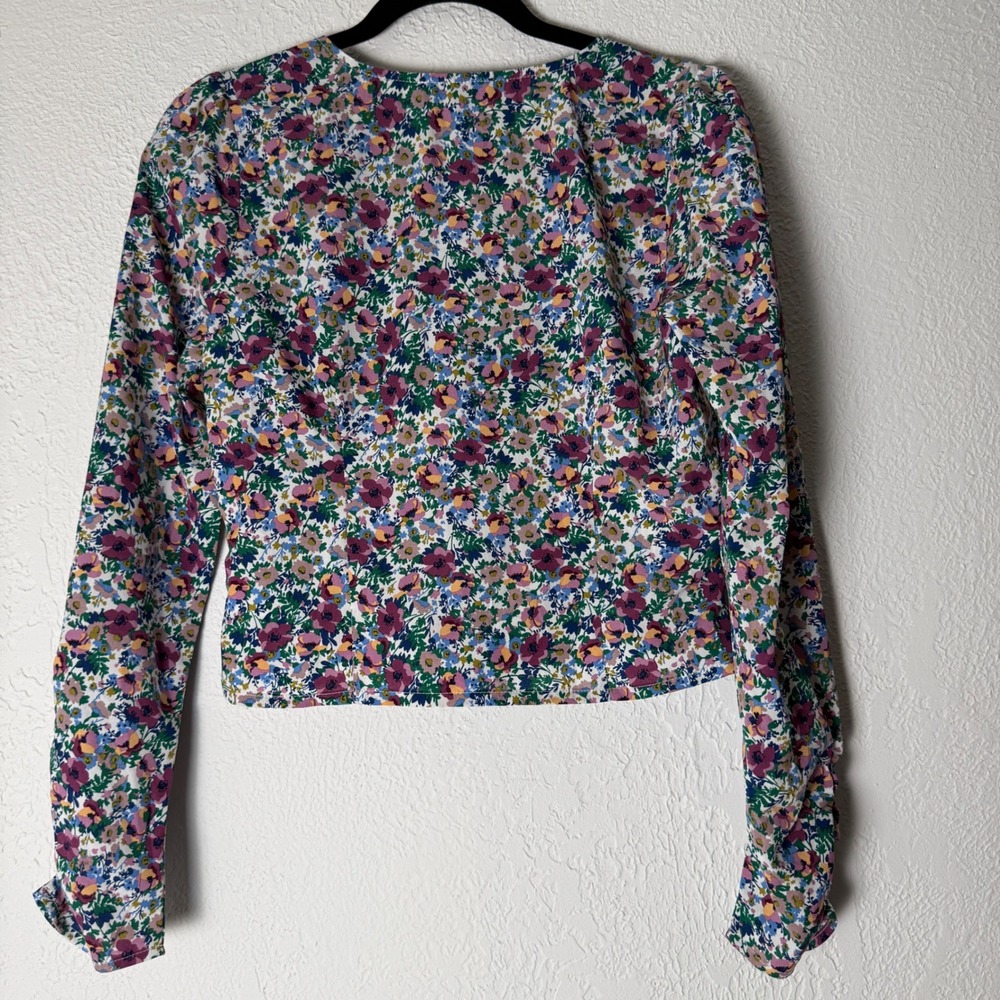 Lulus Women's S Floral Ruched Long Sleeve V-Neck Crop Top Multicolor Boho